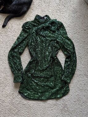 $630 REBECCA VALLANCE green bow-embellished sequin stretch-knit mini dress sz 2